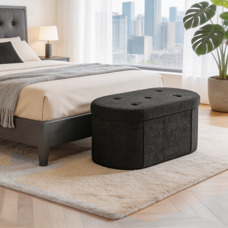 Oval Storage Ottoman with Teddy Velvet Upholstery, Foldable Storage Bench for Bedroom and Entryway,30", Black