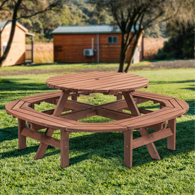 Table de pique-nique ronde en bois pour 10 à 12 personnes pour patio, cour, jardin, bricolage avec 1 tabouret à anneaux intégré, capacité de poids de 500 lb - Brun noyer