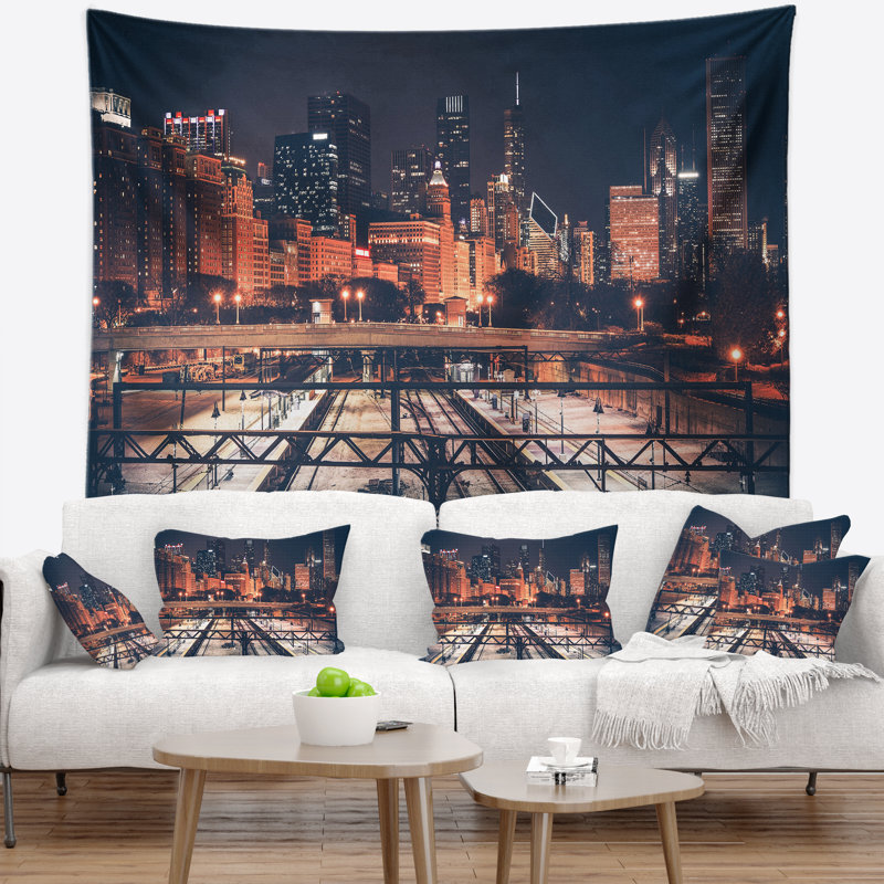 Tapisserie d'horizon urbain et de chemin de fer de Chicago, H 50 po x l 60 po