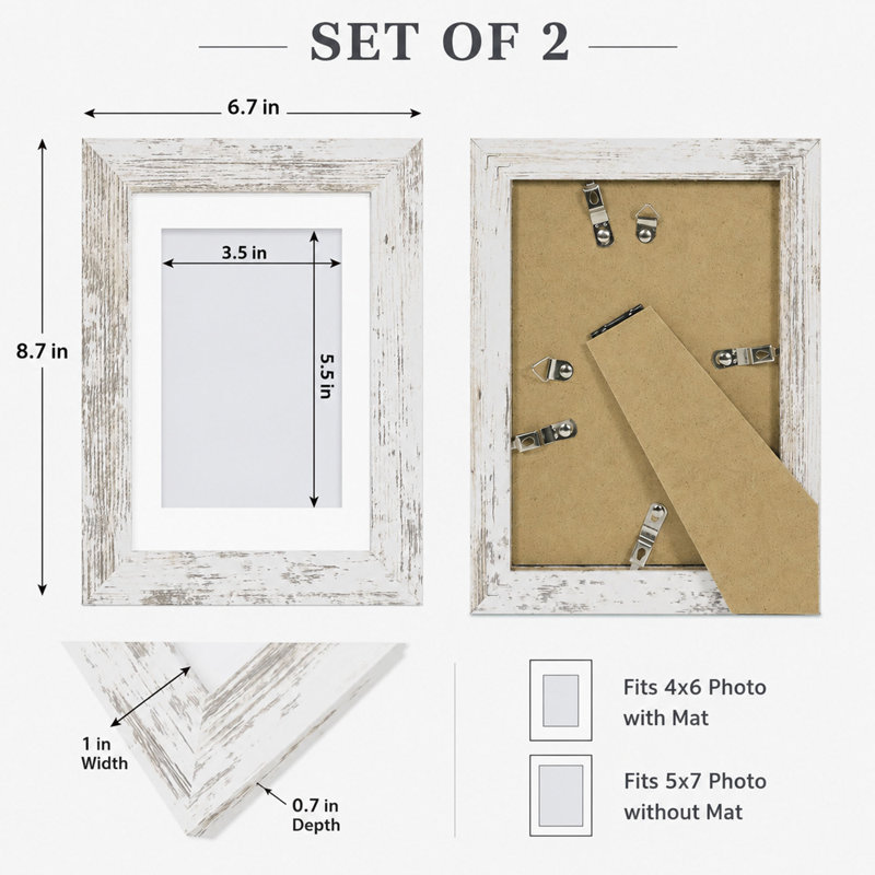 Ensemble de 2 cadres photo 5x7 en bois blanc vieilli avec verre véritable, 2, 4 po x 6 po