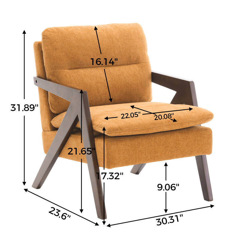 Mid Century Modern Upholstered Chenille Solid Wood Accent Armchair, Yellow