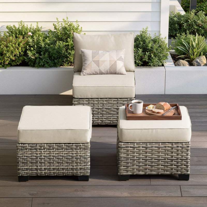 Ensemble de 3 chaises de patio sans accoudoirs et repose-pieds pour l'extérieur, Beige