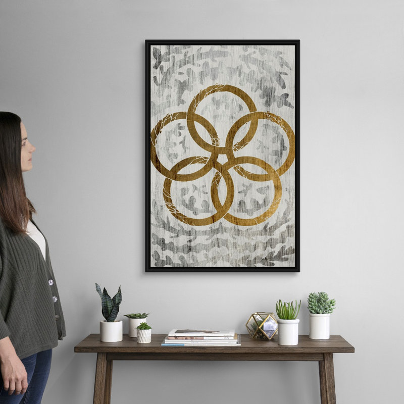 Cinq bagues dorées-feuilles d’or-reproduction d’art sur toile, H 38 po x l 26 po x P 1,75 po, Cadre noir