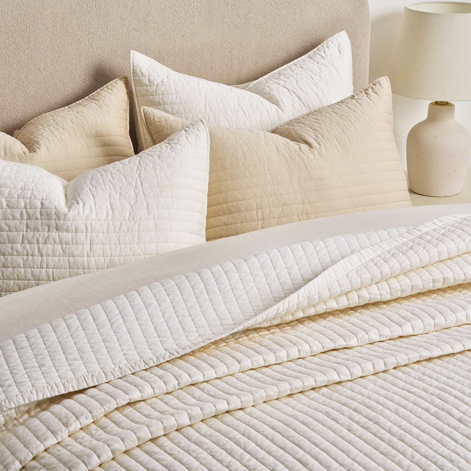 Cotton Sateen Quilt Set, Ivory White, King Quilt + 2 King Shams