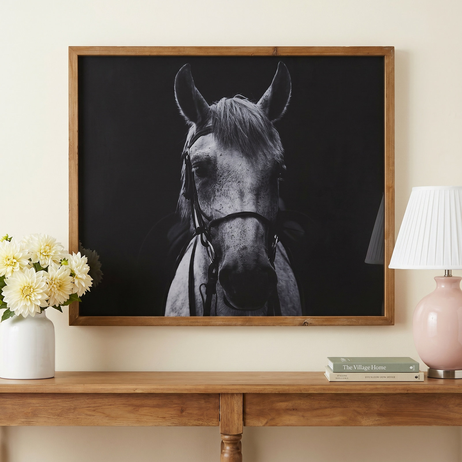 Black and White Equestrian Print with Wood Frame and Glass Cover