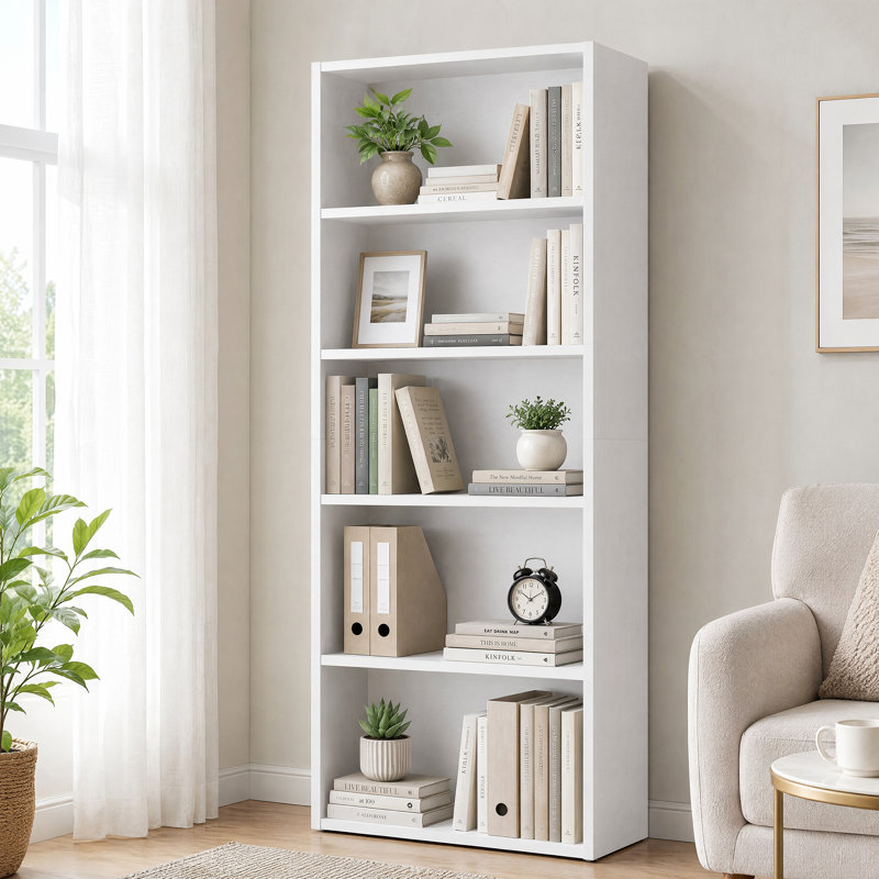 Rectangular Freestanding Adjustable and Anti-tip 6-Tier Bookcase, (5 Shelves) 53"H x 23.8"W x 9.2"D, White
