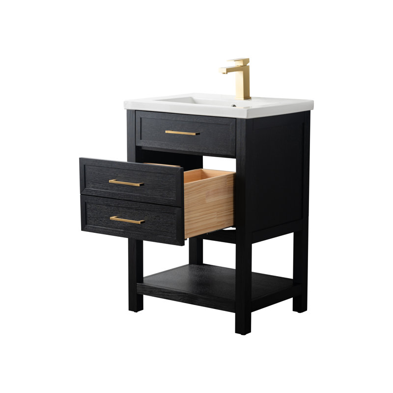 Meuble-lavabo simple 24 po avec plateau en céramique Stratford, Chêne noir / or brossé