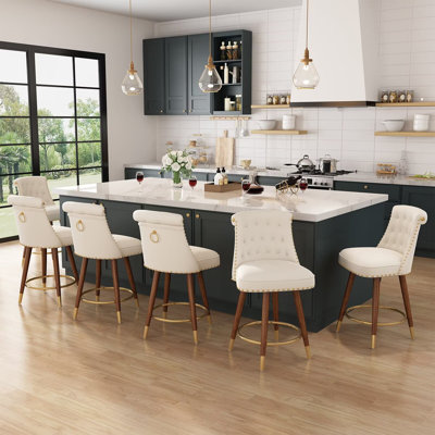 Swivel 24.00'' Counter Stool, Counter Height Bar Stools, 360°Swivel Upholstered Barstools with Back and Footrest for Kitchen Island, Solid Wood Legs