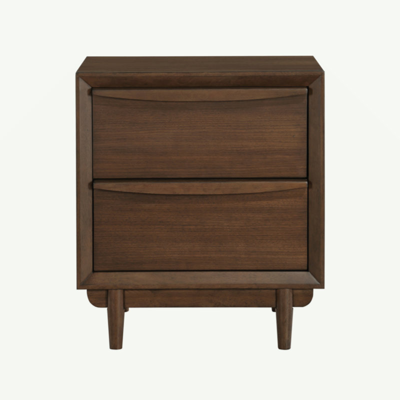 Table de chevet en noyer avec chargeur intégré, style moderne du milieu du siècle, 2 tiroirs et compartiments.