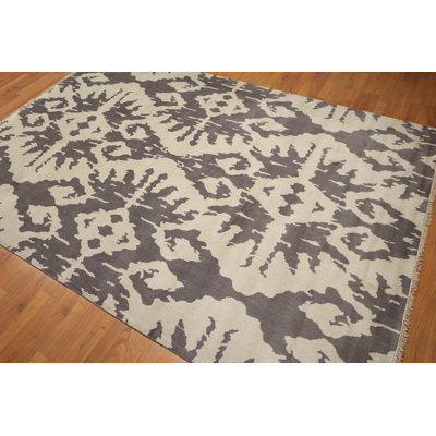 Tapis gris / beige en laine noué à la main de conception unique 6 pi x 9 pi