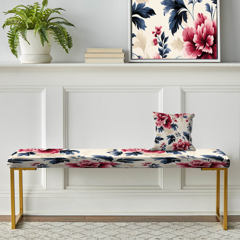 Banc rembourré damassé doré, Poésie rose damassée avec pivoines roses