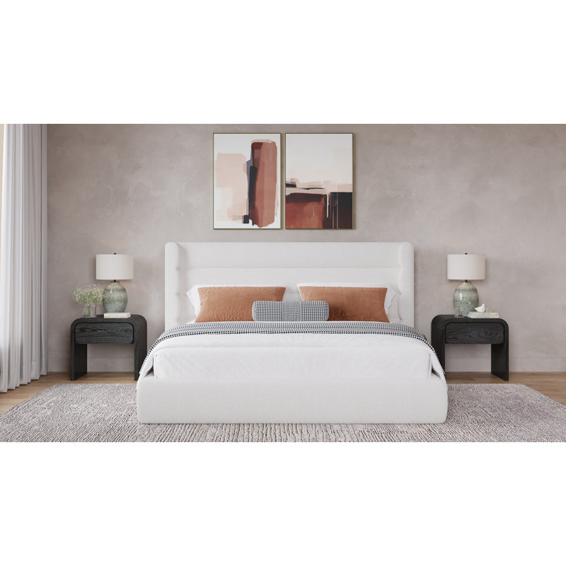 Upholstered Platform Bed, King, Ivory Boucle