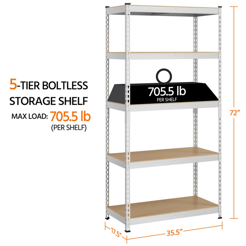 Silver Heavy Duty Adjustable 5-Level Steel Storage Shelves