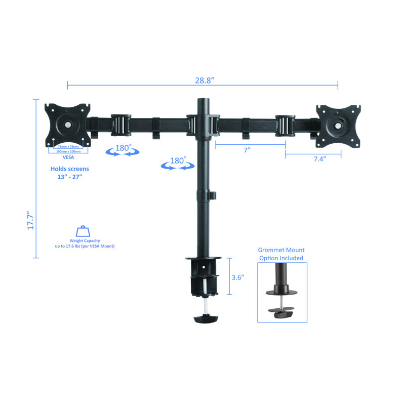  46 in. Black Height Adjustable Standing Desk Converter with Double Monitor Mount Arm and Deep Keyboard Tray