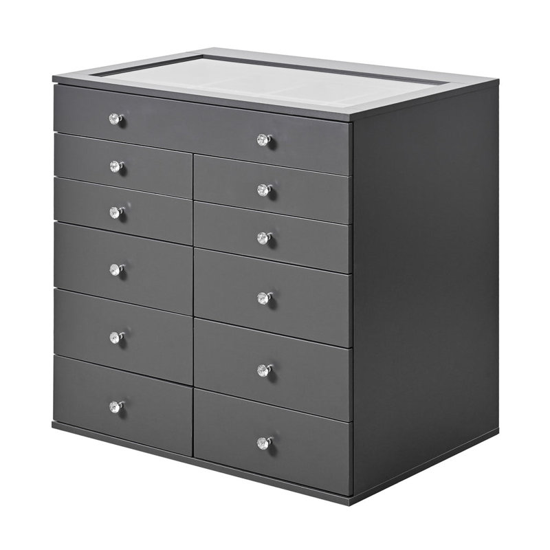 Storage Box with 11 Makeup Drawers, Crystal Lux Handles, Gris anthracite