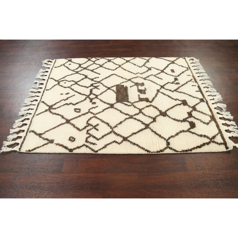 Tapis ivoire en laine noué à la main de conception unique 4 pi 8 po x 6 pi 1 po New Age