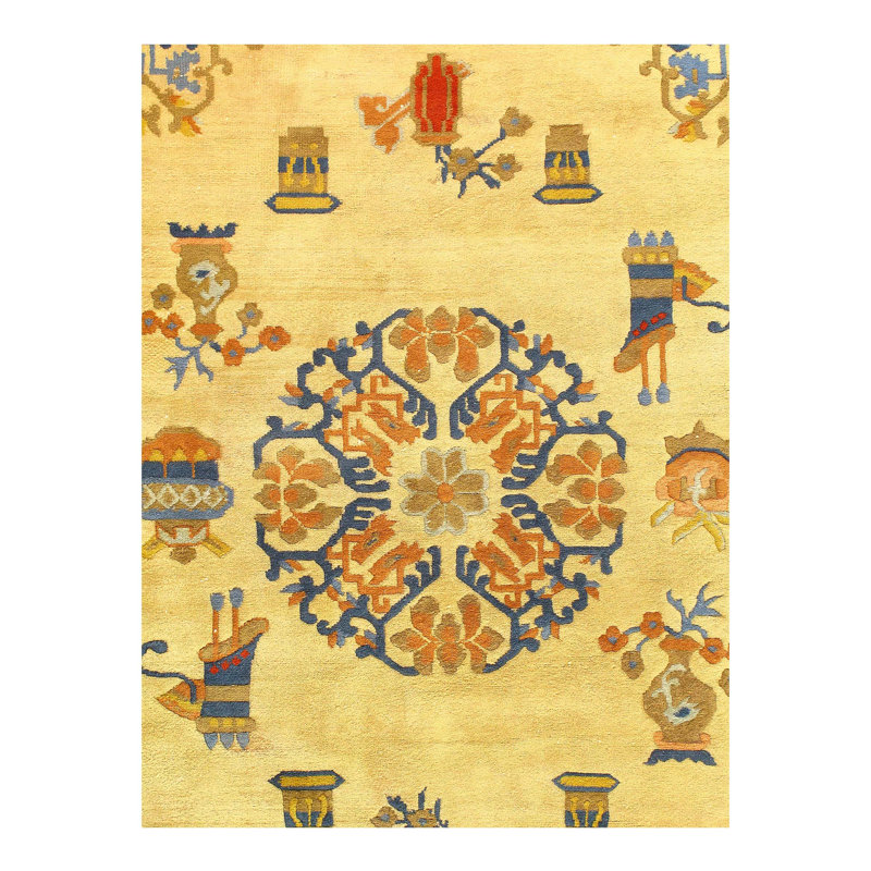 Tapis doré en laine / coton à motif floral fait à la main 5 pi 11 po x 9 pi