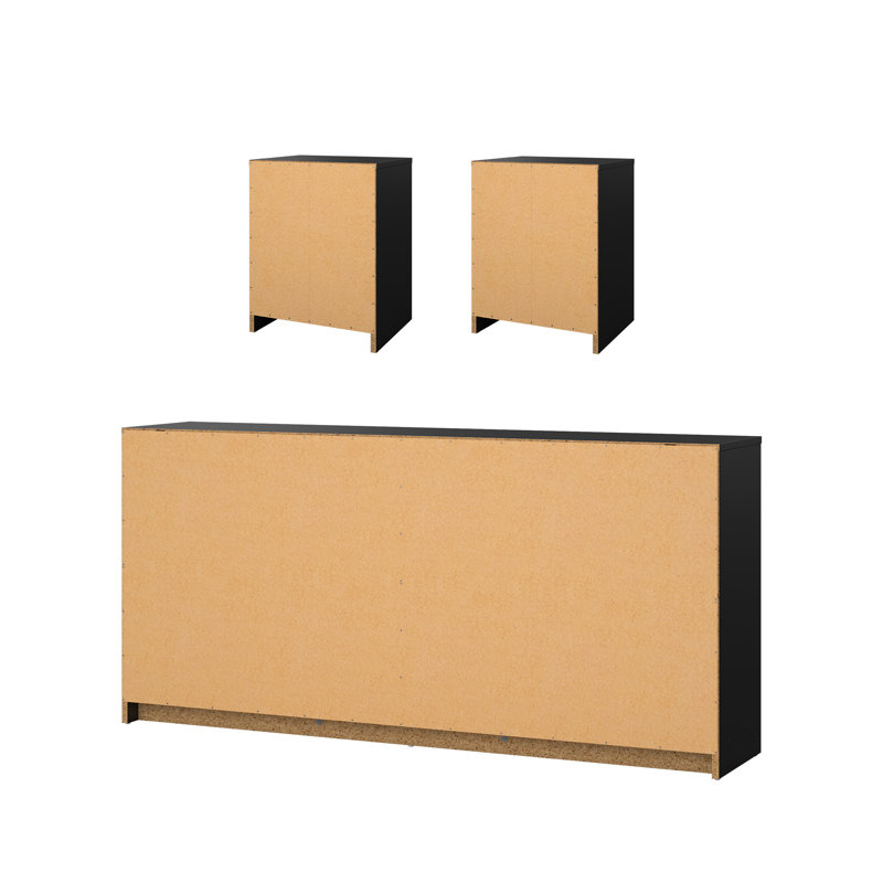Ensemble de chambre à coucher 3 pièces - commode double 6 tiroirs et ensemble de table de chevet 2 pièces, noir, Noir