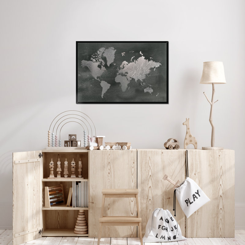 Large Silver World Map On Black Wash by Jennifer Goldberger - Painting, Black Framed Paper Print, 65cm H x 95cm W