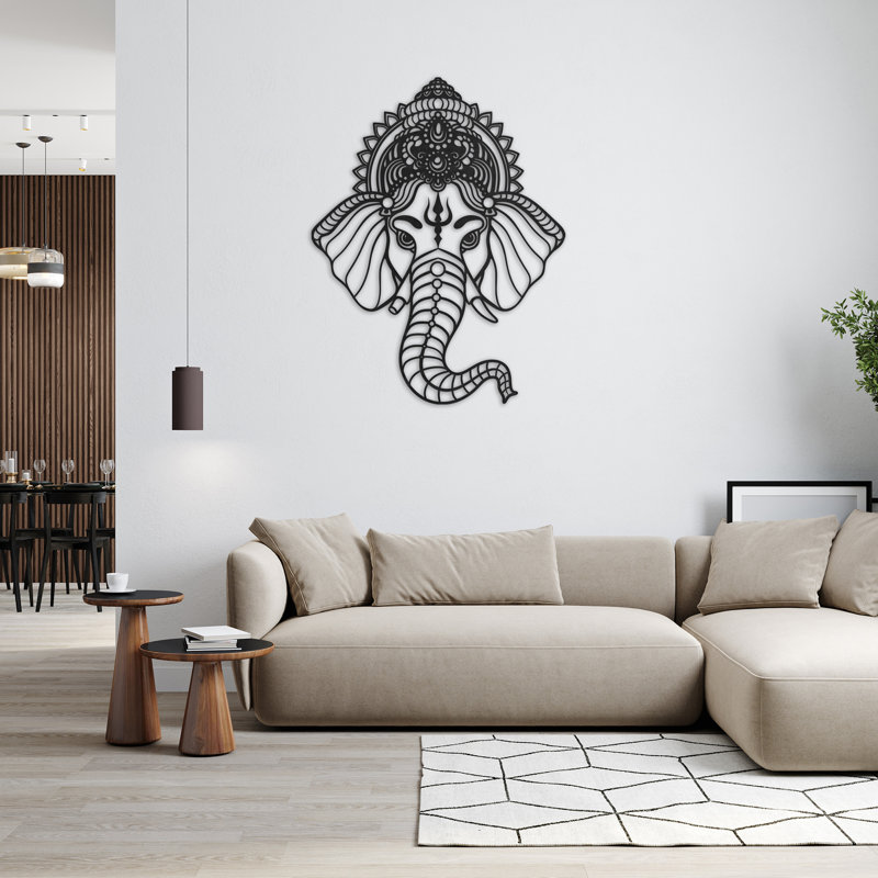 Décoration murale Ganesha et Trishul Trident - ACM noir (46 po x 35,49 po), Argent, H 32 po x l 24,7 po x P 0,25 po