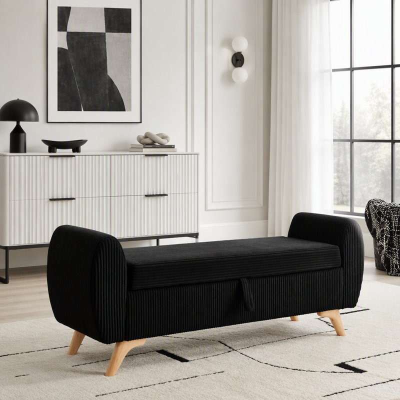 Banc rembourré en velours côtelé avec rangement 57 po, Noir
