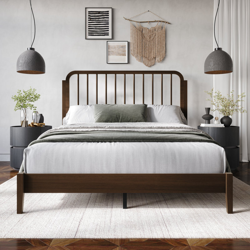Lit plateforme en bois taille double en noyer, Noyer, Lit simple