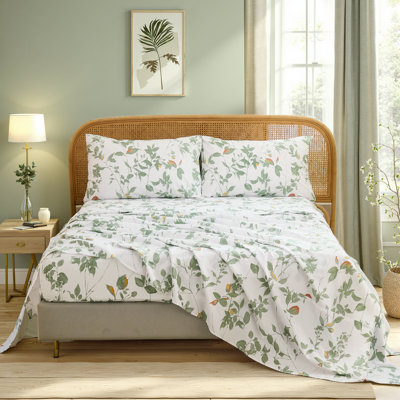 100% Cotton Sheet Set Queen Size – 4-Piece Vintage Sage Green Floral Bedding Set, Soft Breathable Percale Weave, Deep Pocket Fitted Sheet 17.5", Crisp Cool Feel, Refined Botanical Elegance
