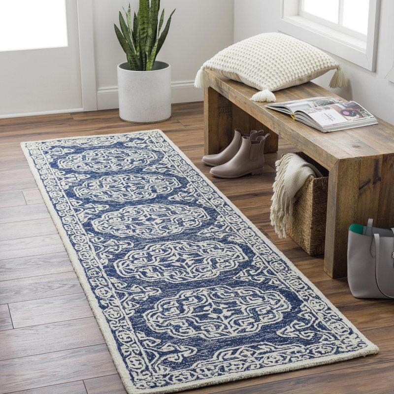 Tapis gris / beige / bleu marine en laine touffeté à la main Bergmann, Tapis de couloir beige