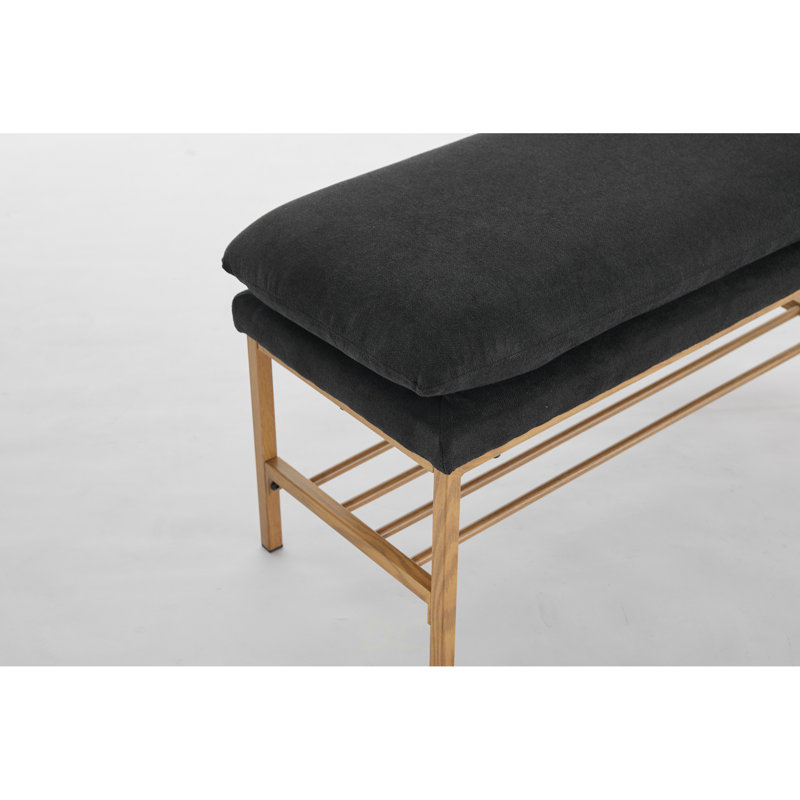 End Of Bed Bench With Shelf, Linen Upholstered Storage Shoe Bench, Modern Bedroom Bench With Metal Legs For Living Room, Entryway, Dining Room, 300 LB, Linen Color(Black), Shoe Storage