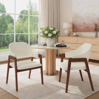 Ensemble de 2 chaises de salle à manger rembourrées avec accoudoirs, dossier ergonomique incurvé et structure en bois robuste, chaises de cuisine de style Mid-Century moderne, blanc
