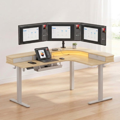 Bureau en L réglable en hauteur de 66 po avec prises de courant et 3 tiroirs, bureau pour bureau personnel