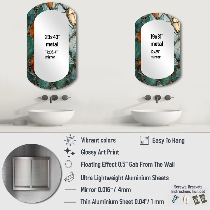 Green And Gold Marble Mosaic Tiles II - Abstract Tile Modern Asymmetrical Decorative Wall Mirror, 43" x 23"