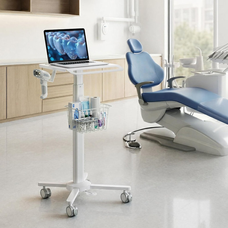 Chariot médical roulant réglable pour ordinateur portable avec panier de rangement, support de scanner et roues verrouillables