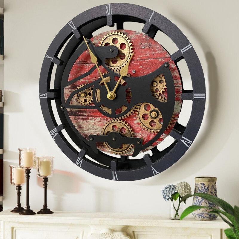 Mantel Clock 16" Round for Living Room decor with Real Moving Gears transformable into a Wall Clock (detachable base) Canada Collection