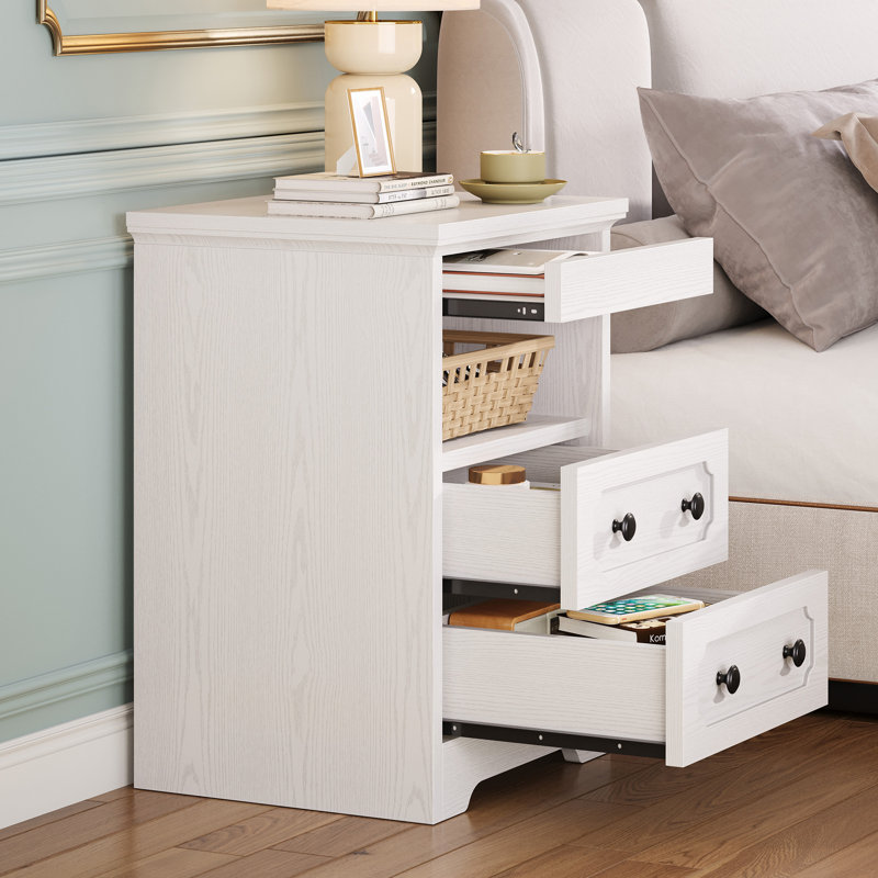 Wooden Nightstand Set Of 2, Bedside Table With 2 Drawers And Open Shelf, End Table With Pull-Out Tray, Side Tables For Living Room And Bedroom, White