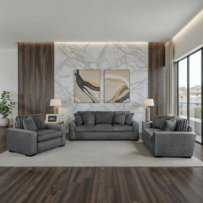 Hunziker Modern & Contemporary Textured 3-Piece Living Room Set with Stylish Dual Fabric Upholstery (Microfiber & Corduroy), Foam over Pocket Coils Co by Latitude Run