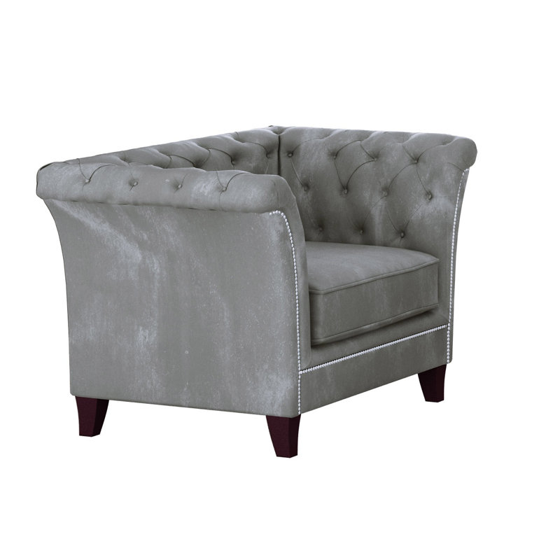 Chesterfield  Armchair Made of Velvet Fabric with Solid Wood Legs, Grey