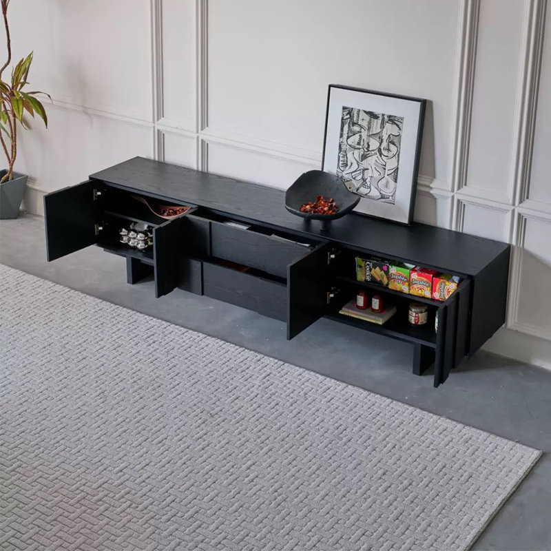 Meuble télé en bois massif multicouches, Noir, noir, noir, noir, 70.87"