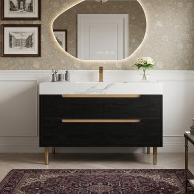 Meuble-lavabo autoportant / mural de 35,4 po avec lavabo, comptoir en pierre frittée et base en bois imperméable, 4 tiroirs de rangement à fermeture en douceur