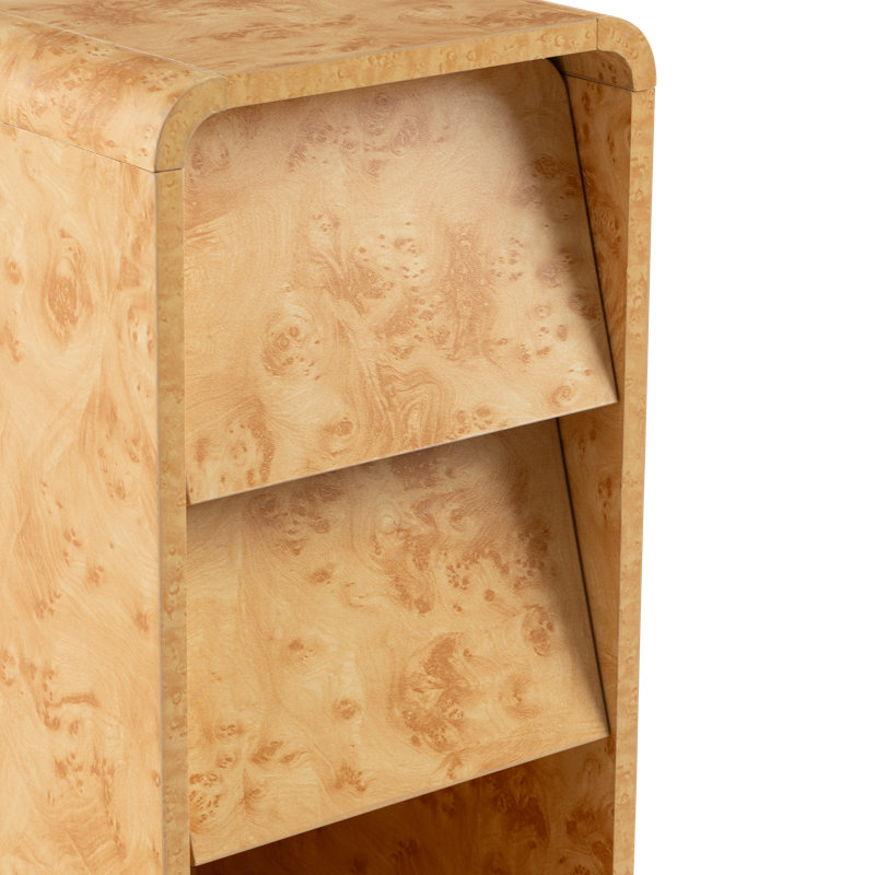 Table de bout Modern Farmhouse Burl Finish avec 2 tiroirs et rangement ouvert, Bois jaune clair