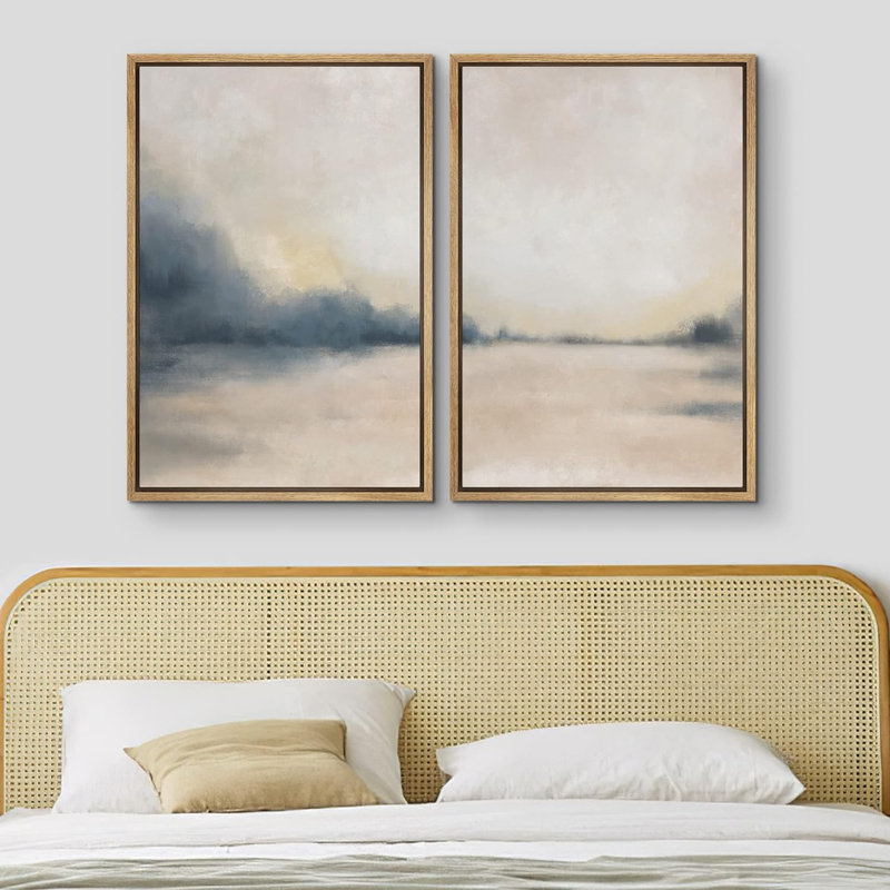 Minimal Landscape " Landscape Abstract Shapes Illustrations " 2 - Pieces, 36" H x 48" W, Natural Floater Framed