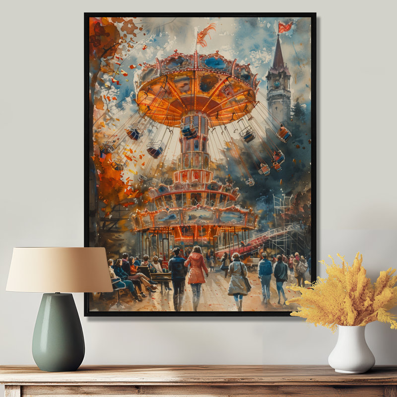  «Yellow Gray Vintage Carousel Amusement Parks II - Amusement Parks Wall Art Living Room, Cadre photo noir, H 24 po x l 32 po