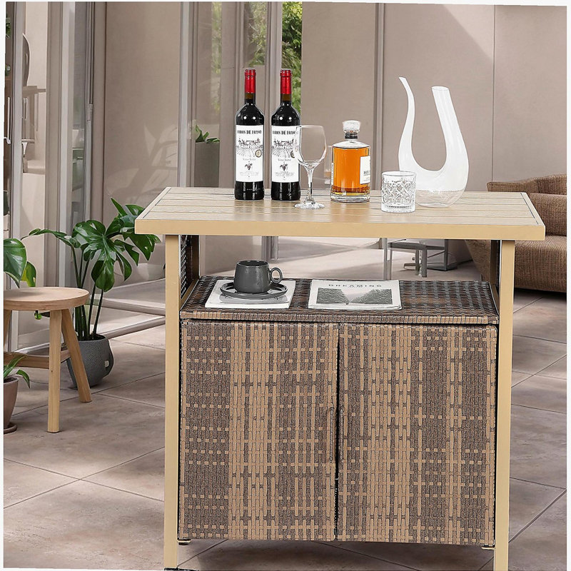 Outdoor wicker bar cart, wheel-mounted terrace wine service cart, rolling wicker drink bar table with glass canopy, for porches, backyards, gardens, poolside parties, light brown