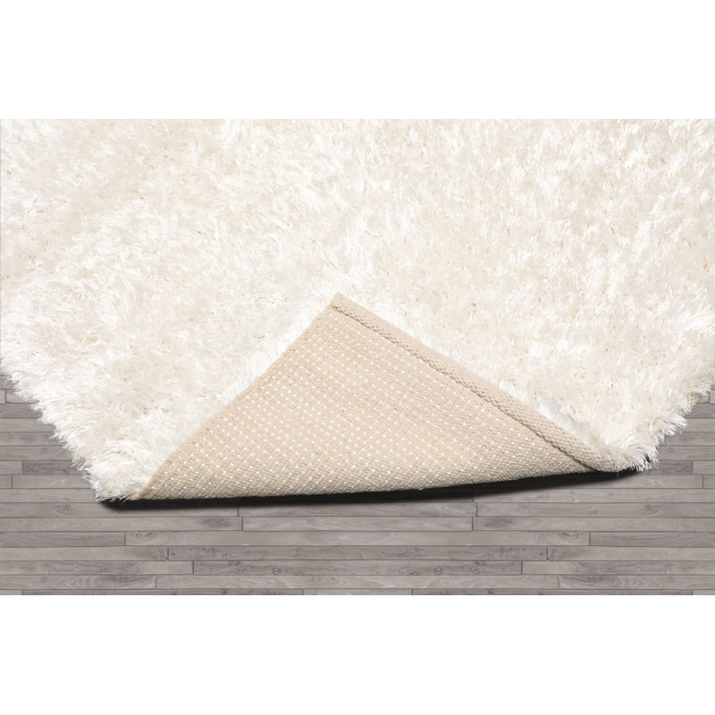 Tapis à poil long moderne et contemporain fabriqué à la main en polyester blanc, Tapis de couloir 2 pi x 4 pi