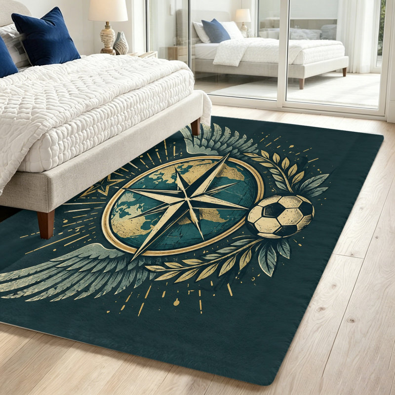Unique Compass and Soccer Ball Design Area Rug, Vintage Style  Decor, Living Room Rugs, Bedroom, Home Accessories, Indoor Floor Mat for Office Dining Spaces