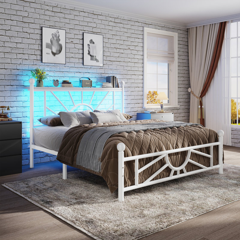 Vintage Metal Bed Frame with LED Lights, Storage Headboard & 10.2" Under Bed Storage, Noise-Free Sturdy Platform Bed, Twin