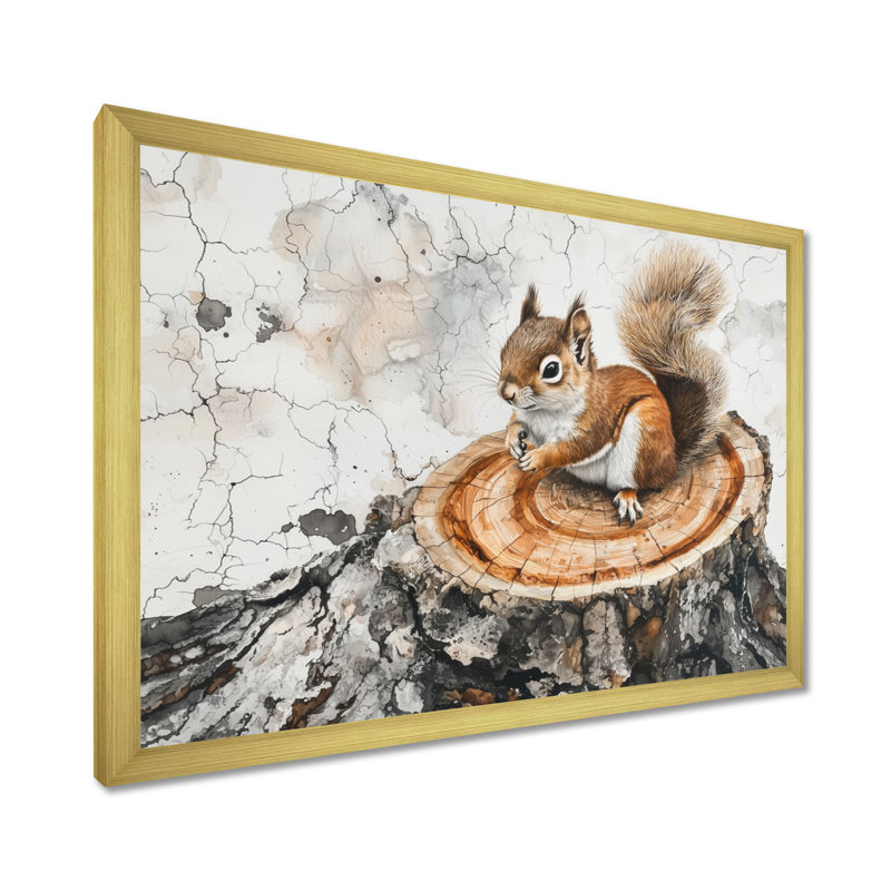 Angella, écureuil mignon sur une glissoire en bois, forêt IV - écureuil, art mural, H 30 po x l 40 po, Avec cadre, Doré
