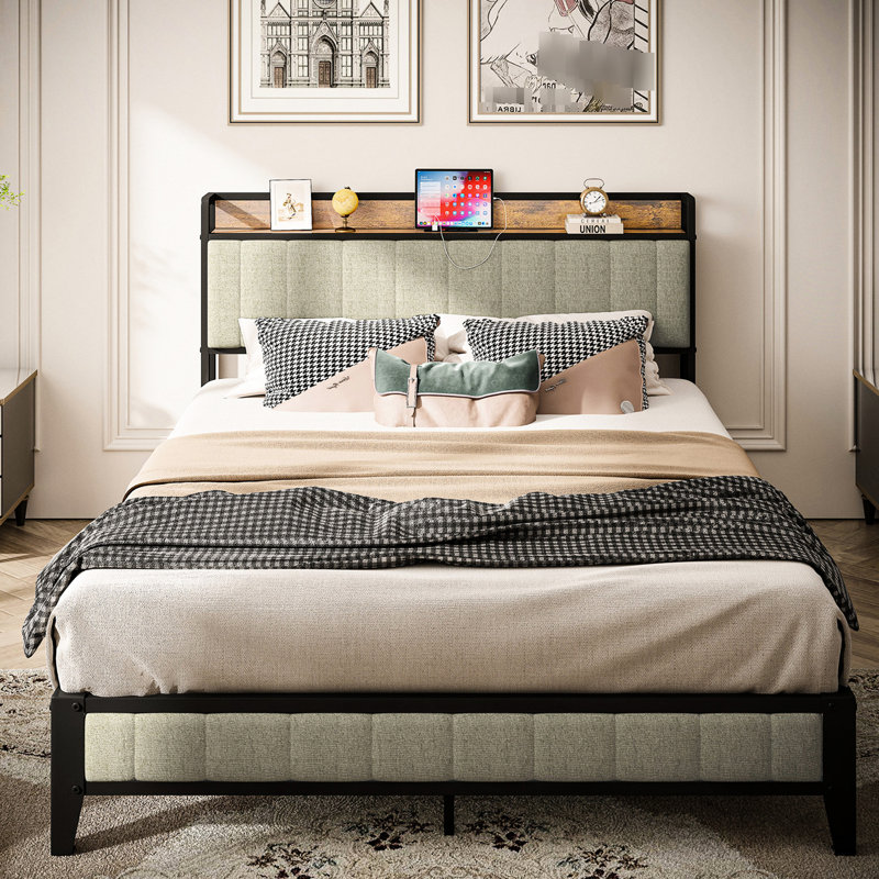 Structure de lit plateforme en métal gris avec tête de lit double en tissu d'ameublement gris, Gris clair, Lit double