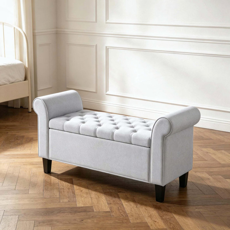 Banc de rangement touffeté à accoudoirs roulés, Gris clair, Gris clair