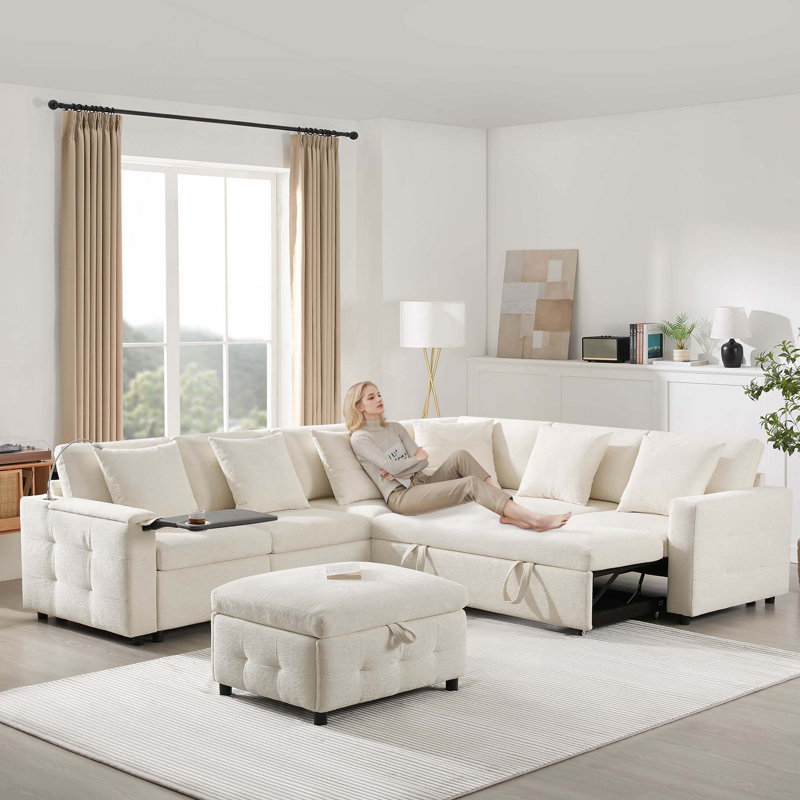 Canapé-lit modulaire coulissant 117 * 90 po avec panneau de table rabattable, lampe de lecture, ports de charge, repose-pieds de rangement, conception capitonnée, 6 coussins, combinaison surdimensionnée et libre, chenille